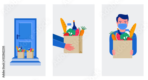 Food delivery service concept, online order tracking. Warehouse, truck and scooter courier, with a delivery man in a respirator mask. Vector illustration