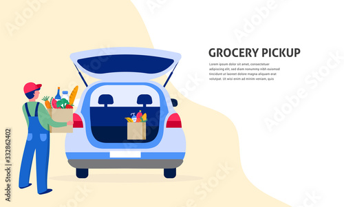 Food delivery service concept, online order tracking. Warehouse, truck and scooter courier, with a delivery man in a respirator mask. Vector illustration