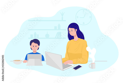 Work from home coocept, Mother working on laptop while her son watching cartoon. Vector
