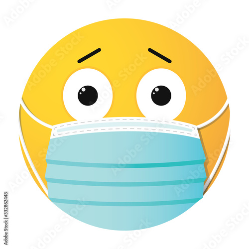 Medical face mask. Frightened little yellow smiley in a drop of medicine on the end of a syringe needle.