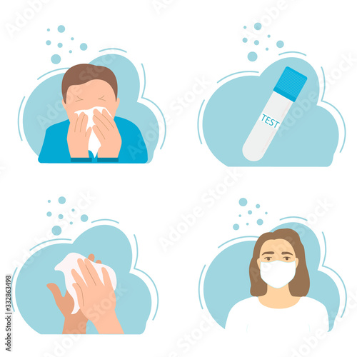 Vector set of icons on the theme of viral disease. A man sneezes into a handkerchief, hand disinfection, a doctor in a medical mask. Illustration in a flat style.