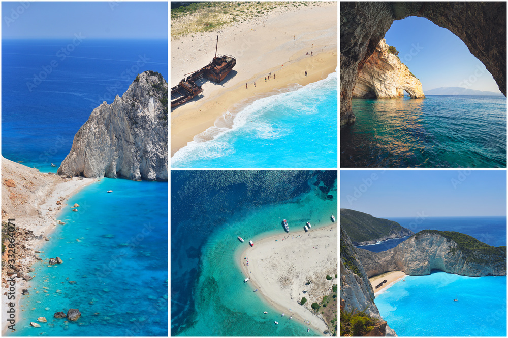 Fototapeta Photo collage Greece. Greek Islands. Zakynthos, Marathonisi, Blue Caves, Navagio Beach. Travel concept