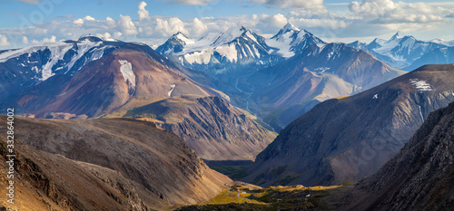 Mountain landscape, panoramic view. Snow-capped peaks, glaciers. Mountain climbing and mountaineering. © Valerii
