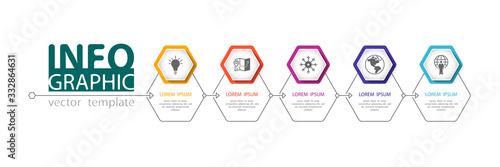 Infographic design and marketing icons, vector hexagons. Can be used to create workflows, charts, annual reports, web design presentations. Business concept with 5 options, process steps, sticker