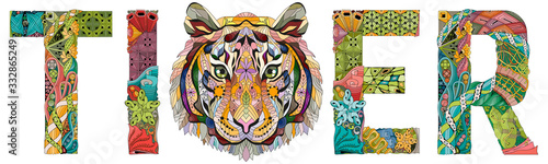 Word tiger. Vector zentangle object for decoration