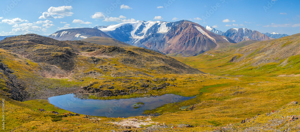Panoramic mountain landscape. Lake in the valley and snow-capped peaks. Traveling in the mountains, trekking.