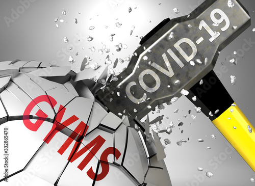 Gyms and Covid-19 virus  symbolized by virus destroying word Gyms to picture that coronavirus affects Gyms and leads to crisis and  recession  3d illustration