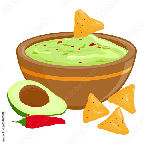Bowl of avocado guacamole and nachos chips. Vector illustration