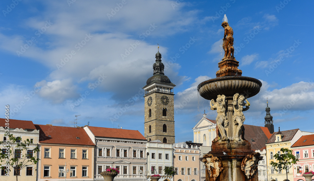 Main square of Ceske Budejovice with Samson fountain and Town Hall building - Czech Republic