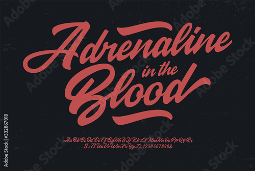 "Adrenaline in the Blood". Original Brush Script Font. Retro Typeface. Vector Illustration.