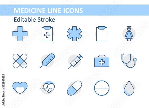 Set of Medicine vector line icons. It contains the first aid kit, nurse, syringe, thermometer, plastic, pills, heart, drop of blood, palpitation and much more. Editable Stroke. 32x32 pixels.