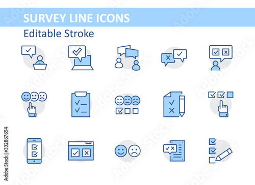 Set of Survey Related Vector Line Icons. Contains such Icons as Smile, Sad, Review, Click, Check, Customer Opinion, Web Survey and more. Editable Stroke. 32x32 Pixel Perfect