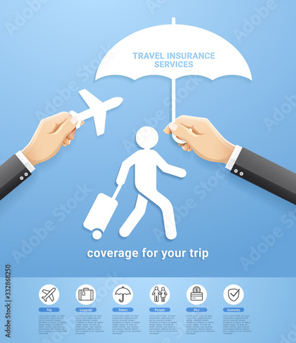 Travel insurance policy services conceptual design. Hand holding aircraft and umbrella paper cut style. Vector Illustrations.