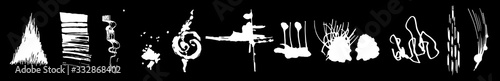 Set of ink blots and shapes. Abstract black and white shapes. Imprints, graphics. Horizontal format, inversion. Vector spots, clipart. Different elements for your design. Dynamic splash, stroked shape