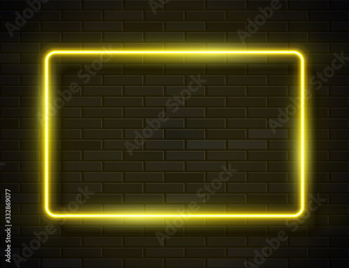 Neon Glowing Rectangle Frame for Banner on Dark Empty Grunge Brick Background