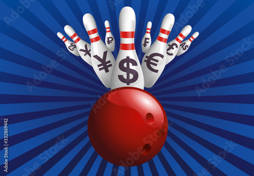 Concept d’un krach boursier, avec une boule de bowling qui renserse les monnaies internationnales, symbolisé par des quilles.