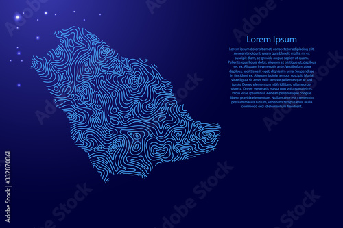 Saudi Arabia map from blue isolines or level line geographic topographic map grid and glowing space stars. Vector illustration.