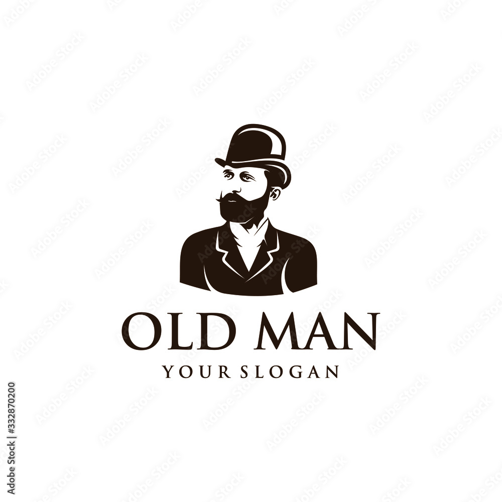Old man logo design. Awesome old man logo. A old man with hat & suit logotype.