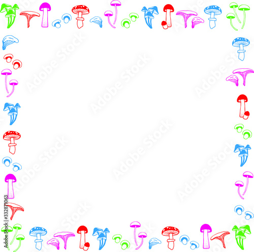 Mushrooms template empty frame. Colorful hand drawn vector illustration. © Tatiana