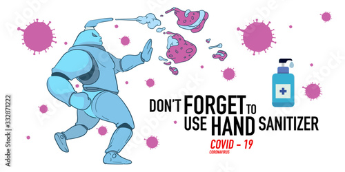 Cartoon Illustration of hand sanitizer superhero attack corona virus, cover-19. 