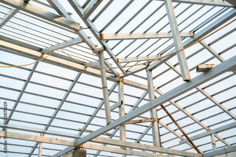 Structure of steel roof frame for house background.