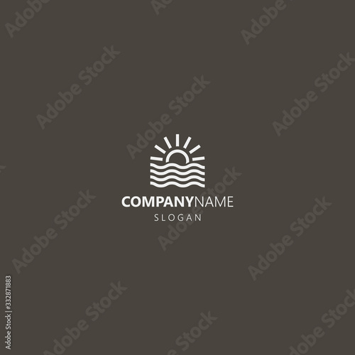 white logo on a black background. simple vector line art outline iconic logo of sun rising over the water waves	