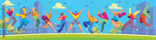 Happy people jumping in city, cartoon characters celebrating together, vector illustration. Men and women jumping and dancing, positive emotions. Excited cheerful people celebrating summer party