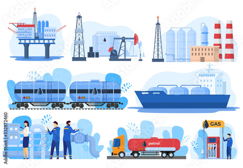 Oil logistic, gas industry, fuel extraction processing and transportation, vector illustration. Offshore oil rig, gas factory, train and car cisterns. Petroleum production industry, gasoline logistic