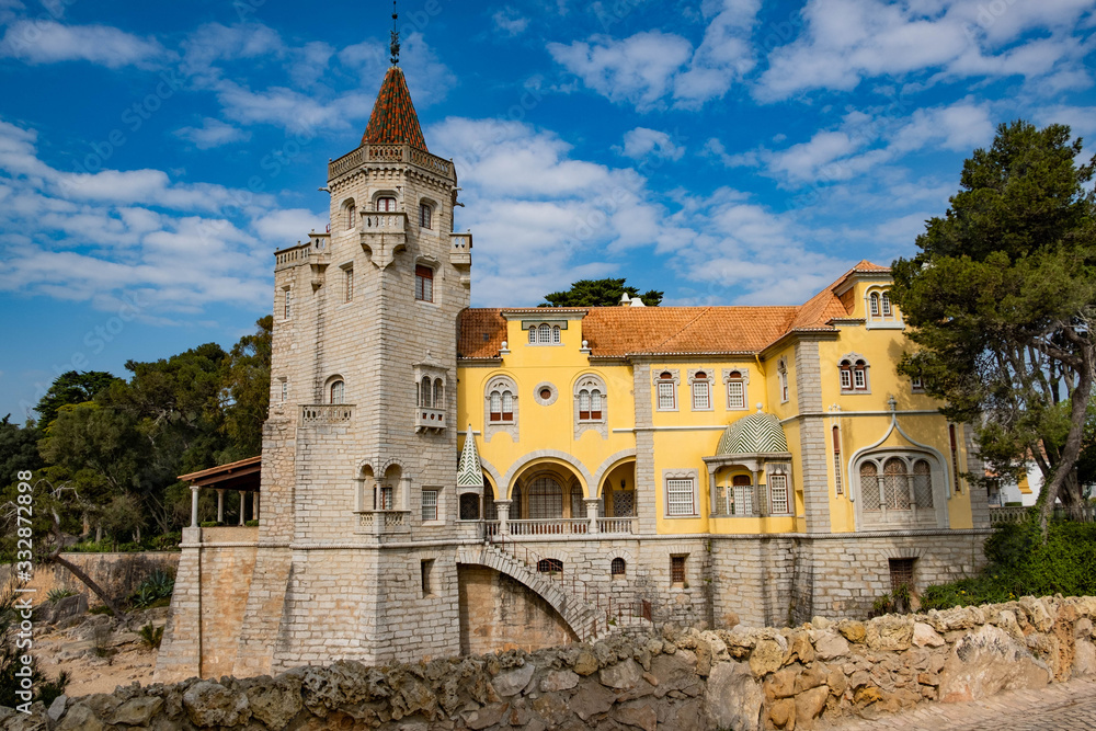 Beautiful panoramic view of the medieval castle on a summer day. Traditional old architecture. Cascais. Portugal.