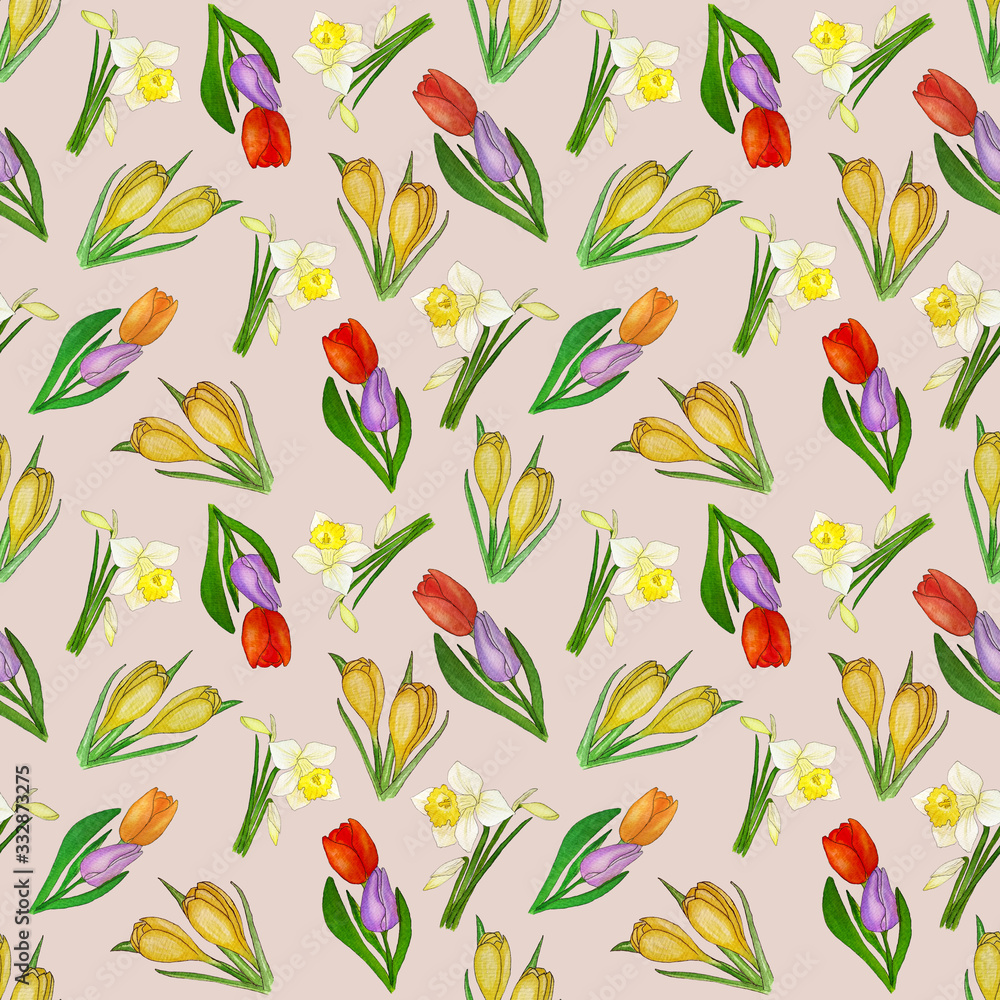 Pattern with flowers spring watercolor