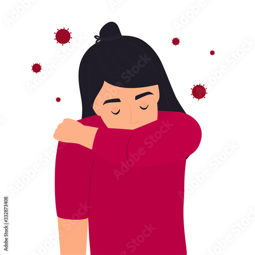 COVID-19. Coronavirus symptoms. The girl is sneezing. Girl coughs hiding behind an elbow