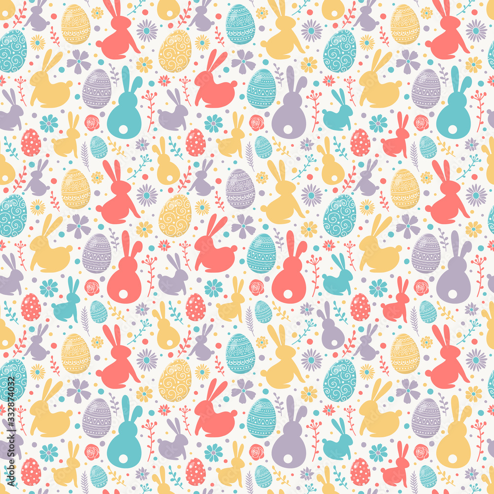 Fototapeta Easter concept with colourful eggs, bunnies and flowers. Seamless pattern. Vector