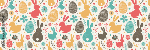 Concept of colourful texture with decorative eggs, bunnies and flowers. Easter background. Banner. Vector