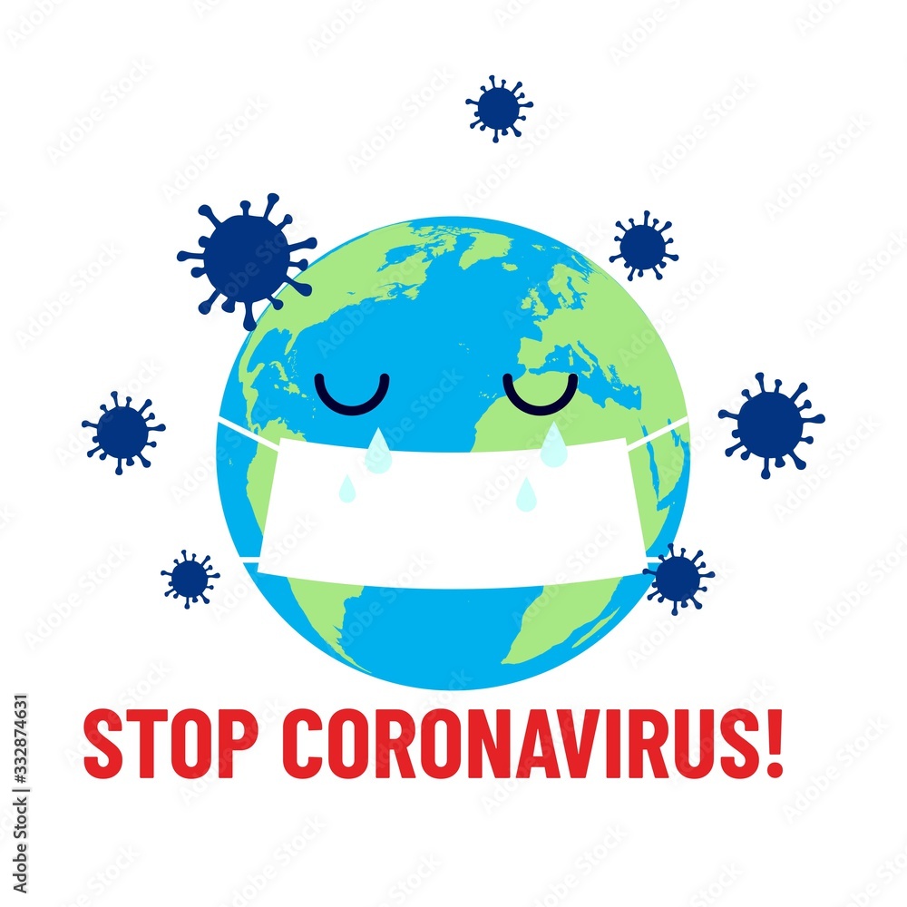 Stop coronavirus! Crying planet in virus mask. Pandemic. Wuhan coronavirus illustration. Medical illustration. Covid-19