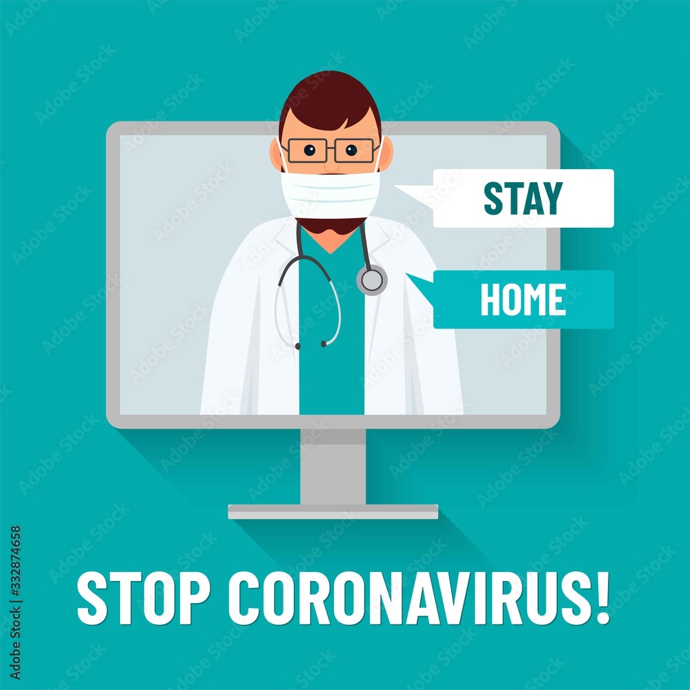 Stop coronavirus! Stay home! Online doctor. Vector medical illustration. Doctor in virus mask. Virus in China. Wuhan corona virus illustration. Stop coronavirus! Stay home! Online doctor. Vector medical illustration. Doctor in virus mask. Virus in China. Wuhan corona virus illustration.