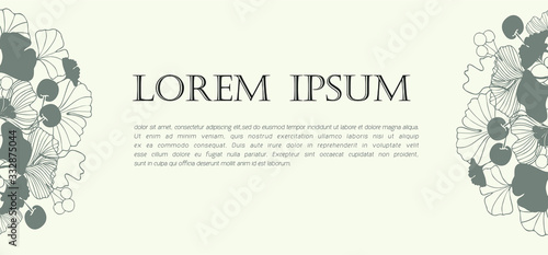 Minimal banner for branding packaging with ginkgo biloba leaves. For the spa resort, a luxury hotel, yoga, beauty salon, cosmetics, organic texture. Ginkgo leaf line drawing, isolated vector.