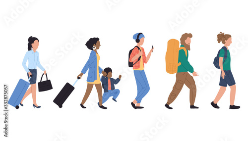 Walking people in queue at airport, vector illustration.Characters woman, man and kid with luggage in airport. Different passengers with baggage at international and domestic airport. Flat style.