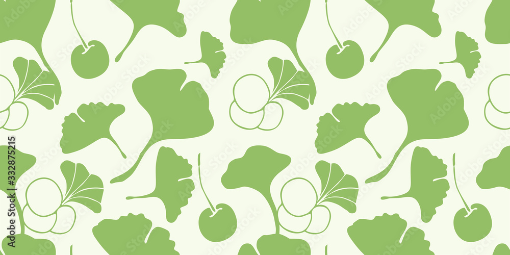 Drawn leaves of ginkgo biloba and medicinal tree berries, geometric seamless pattern on a beige background, vector. Drawn leaves of ginkgo biloba and medicinal tree berries, geometric seamless pattern on a beige background, vector.