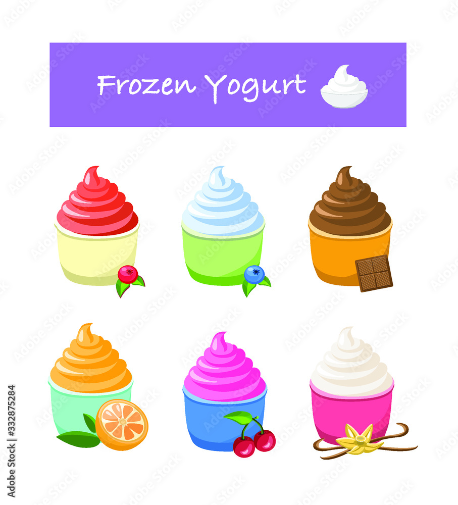 Set of healthy frozen yogurts with different tastes: cranberry, blueberry, chocolate, orange, cherry, vanilla. Set of healthy frozen yogurts with different tastes: cranberry, blueberry, chocolate, orange, cherry, vanilla.