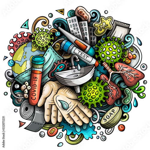 Coronavirus hand drawn cartoon doodles illustration. Colorful composition