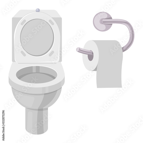 Bathroom, laundry basket, gel, heated towel rail, fan, shower, vector illustration, isolated on white background. Bathing, powder room and things for private bathroom. Cartoon style.