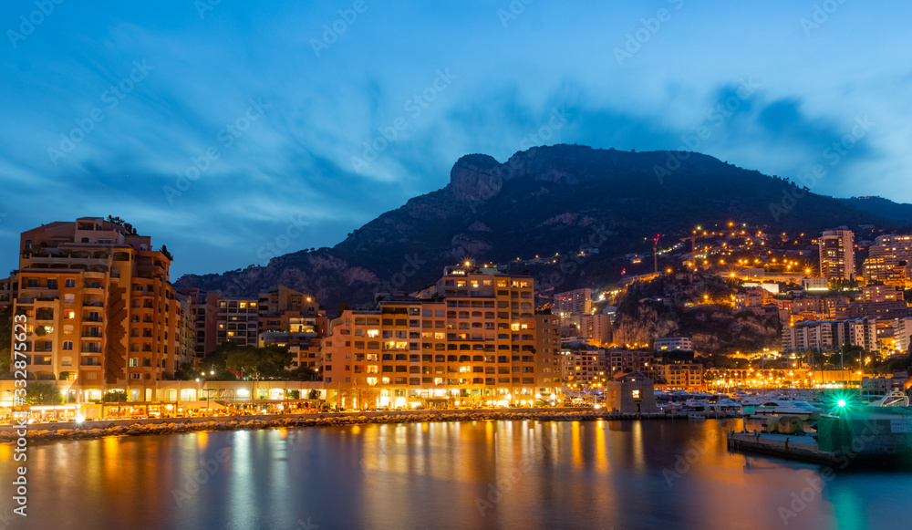 Night view on Fontvieille and Monaco Harbor and view at the Cathedral the Monaco