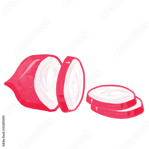 Sliced pink radish vegetable isolated on white background. Process of cooking salad, ingredients cut