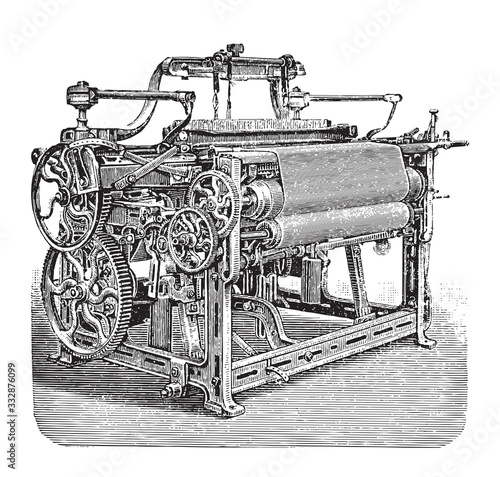 Old weaving loom machine / vintage illustration from Brockhaus Konversations-Lexikon 1908