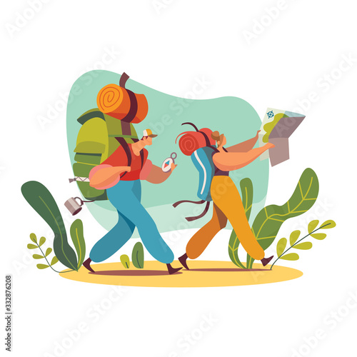 Male and female characters backpacker with map in forest, travel and trip vector illustration, isolated on white background. Exploring the world, outdoor camping concept. Colorful flat style.