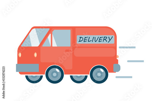 Poster concept for home goods delivery. Restaurant or supermarket delivering food by track at doorstep in quarantine. Sitting home and Order online food or goods at anytime.