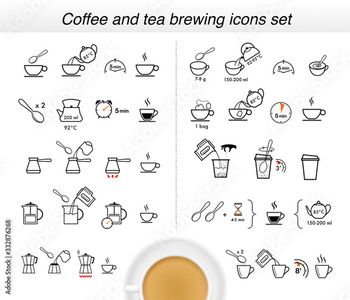 Set of methods of brewing tea and coffee. Preparation instructions. Vector elements for infographics. Set of sign for detailed guideline. Ready for your design.