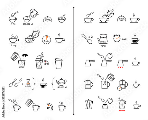 Set of methods of brewing tea and coffee. Preparation instructions. Vector elements for infographics. Set of sign for detailed guideline. Ready for your design.