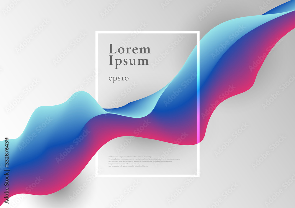 Abstract trendy blue and pink gradient fluid flow shape with frame border on white background.
