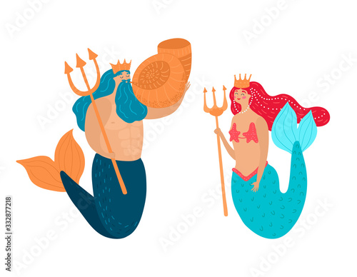 Poseidon with a golden trident and a crown blowing into the shell with fantasy girl in mermaid isolated on a white, cartoon vector illustration. God of freshwater and underwater princess marine or